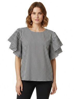 Project Runway black white striped blouse ruffle Short Sleeves size XXL cotton
